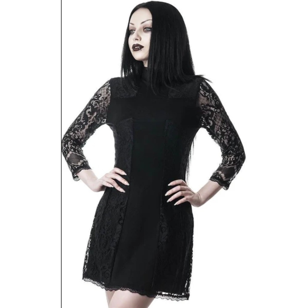 Killstar Crossed Over Black Lace Mock Neck Mini Dress Long Sleeve Gothic Medium